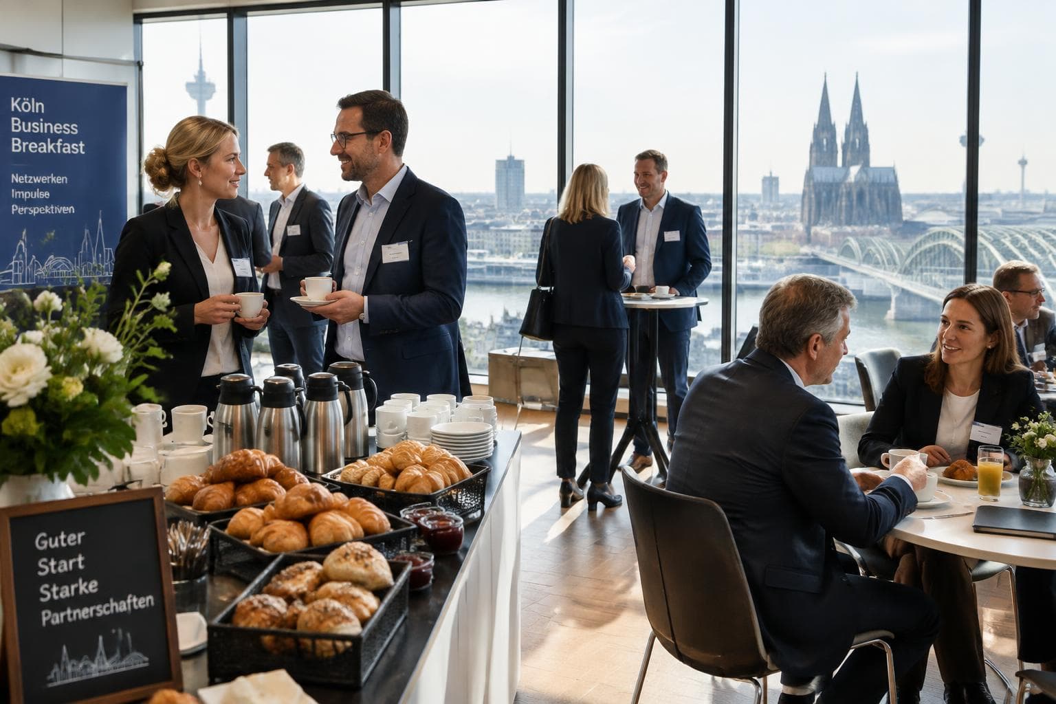 Business guests at a morning breakfast briefing with a view of Cologne