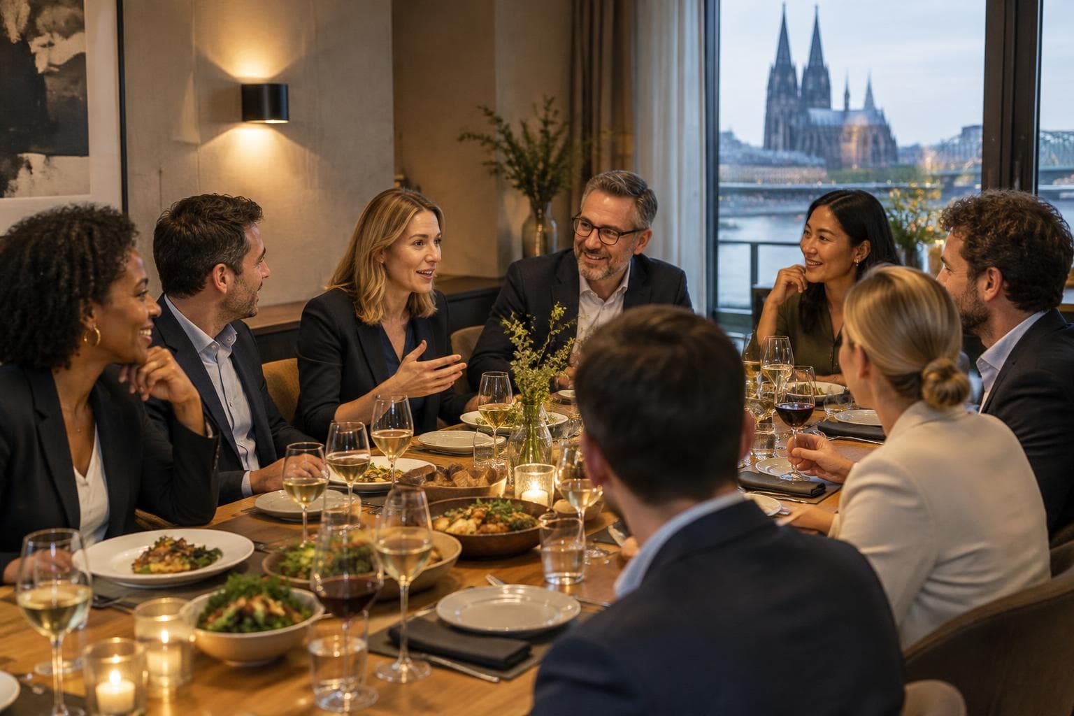 Professionals sharing a private business dinner in Cologne