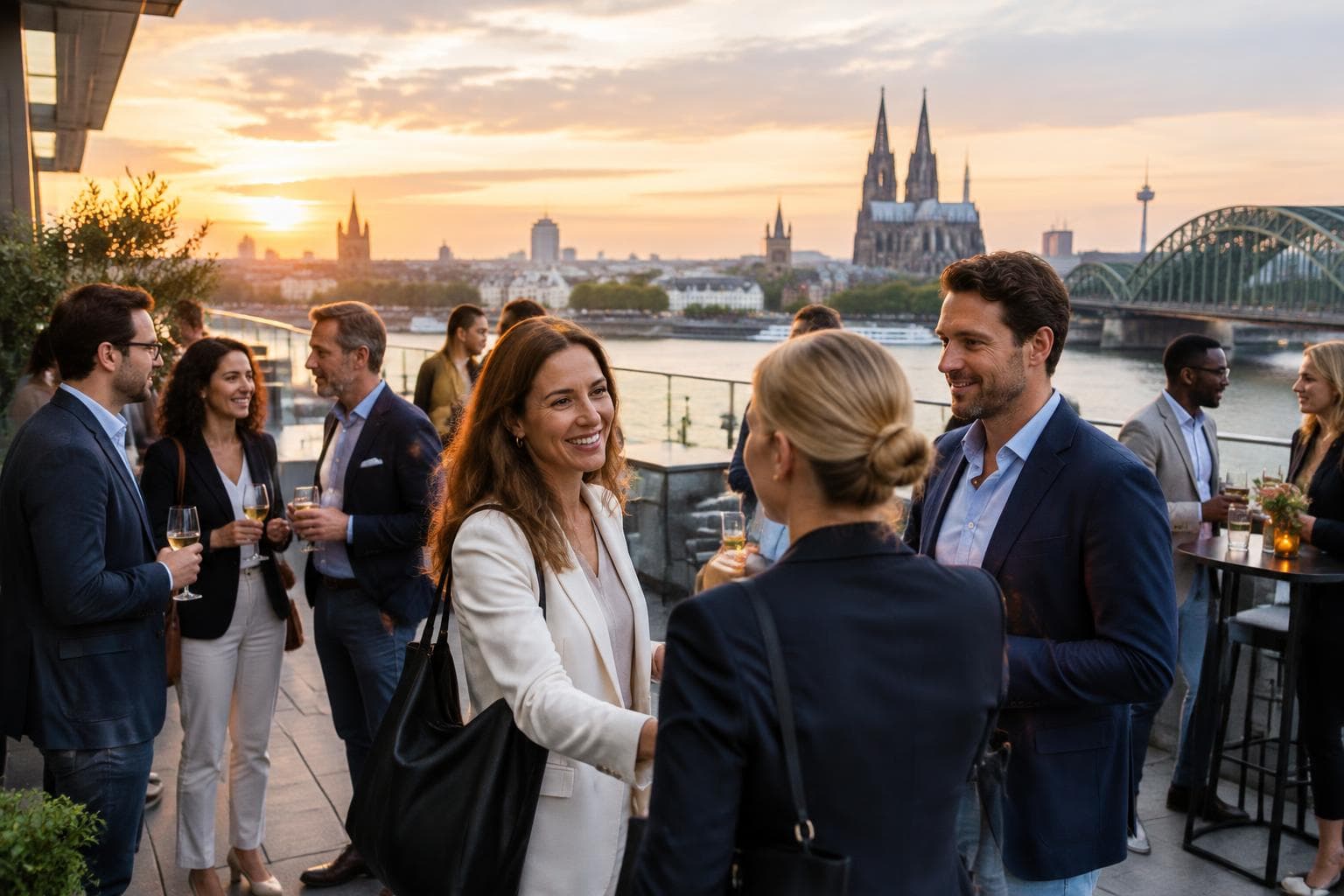 Business guests networking on a terrace overlooking Cologne