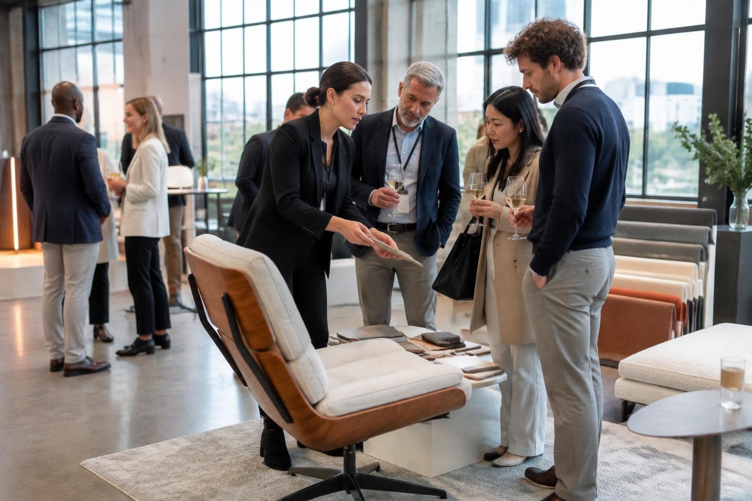 Guests discussing products in a modern gallery space