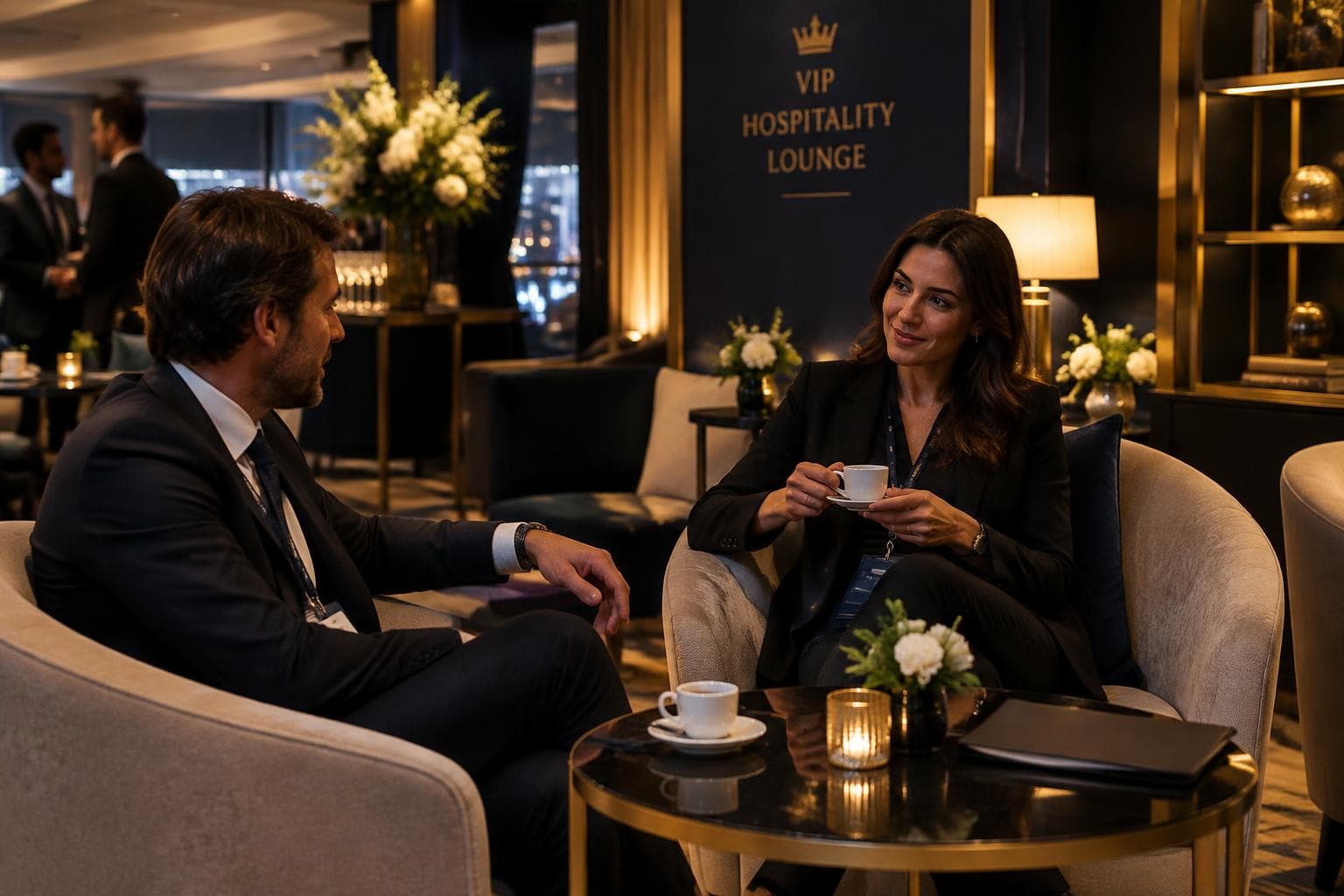 Two professionals meeting in a VIP hospitality lounge